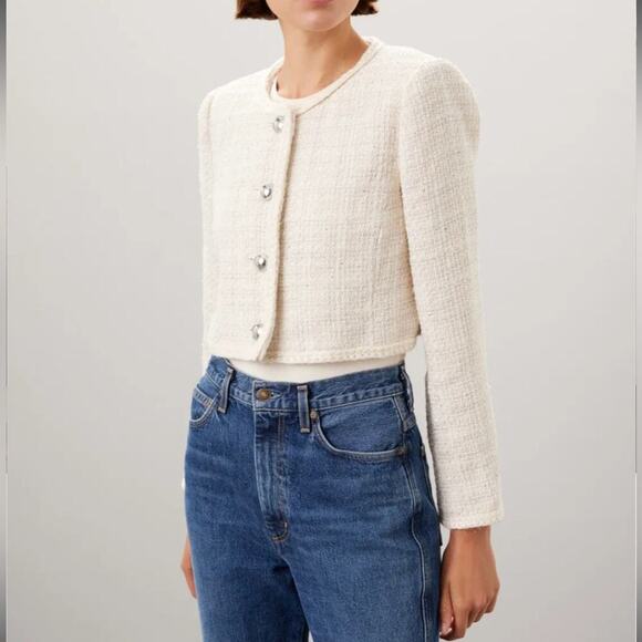 RTR Great Jones Cream Tweed Button Front Tweed Cropped‎ Jacket Sz 10 - Picture 1 of 11